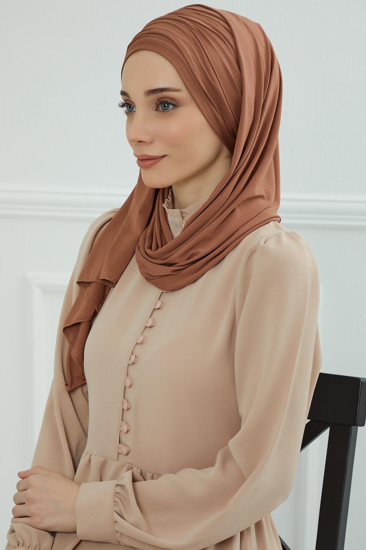 Premium Jersey Shawl Hijab for Women, Easy to Wear Cotton Headscarf, Lightweight and Breathable Instant Jersey Shawl, Mother's Day Gift,BT-1 Caramel Brown