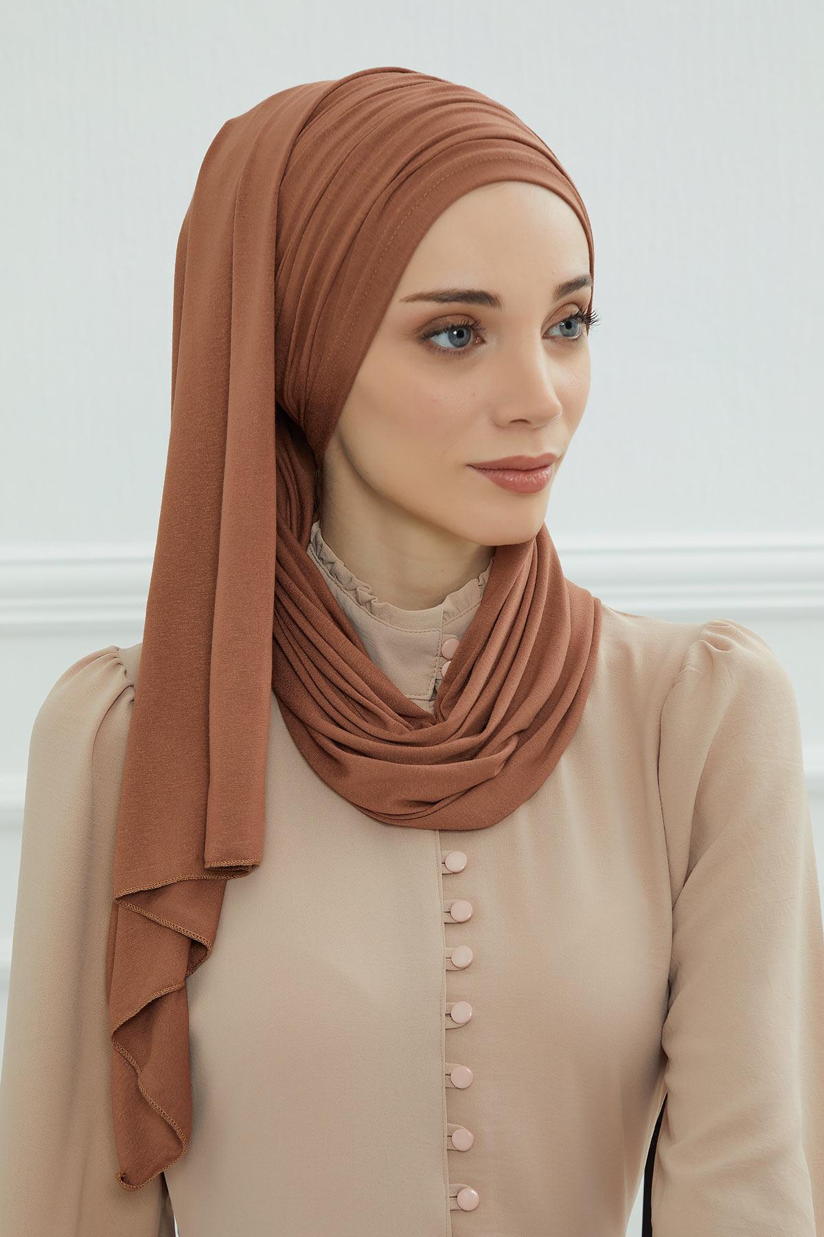 Premium Jersey Shawl Hijab for Women, Easy to Wear Cotton Headscarf, Lightweight and Breathable Instant Jersey Shawl, Mother's Day Gift,BT-1 Caramel Brown