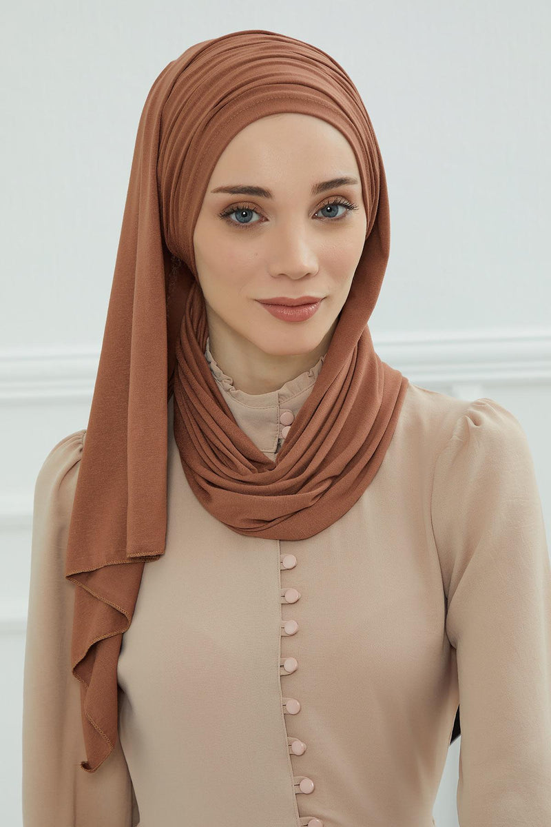 Jersey Shawl for Women 95% Cotton Bonnet Modesty Turban Cap Wrap Instant Scarf,BT-1 Caramel Brown