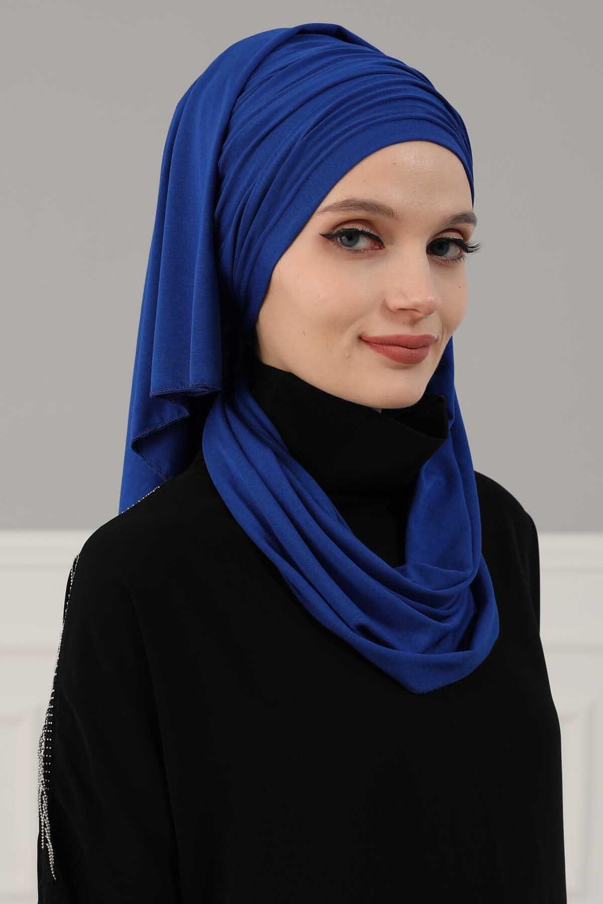 Premium Jersey Shawl Hijab for Women, Easy to Wear Cotton Headscarf, Lightweight and Breathable Instant Jersey Shawl, Mother's Day Gift,BT-1 Sax Blue