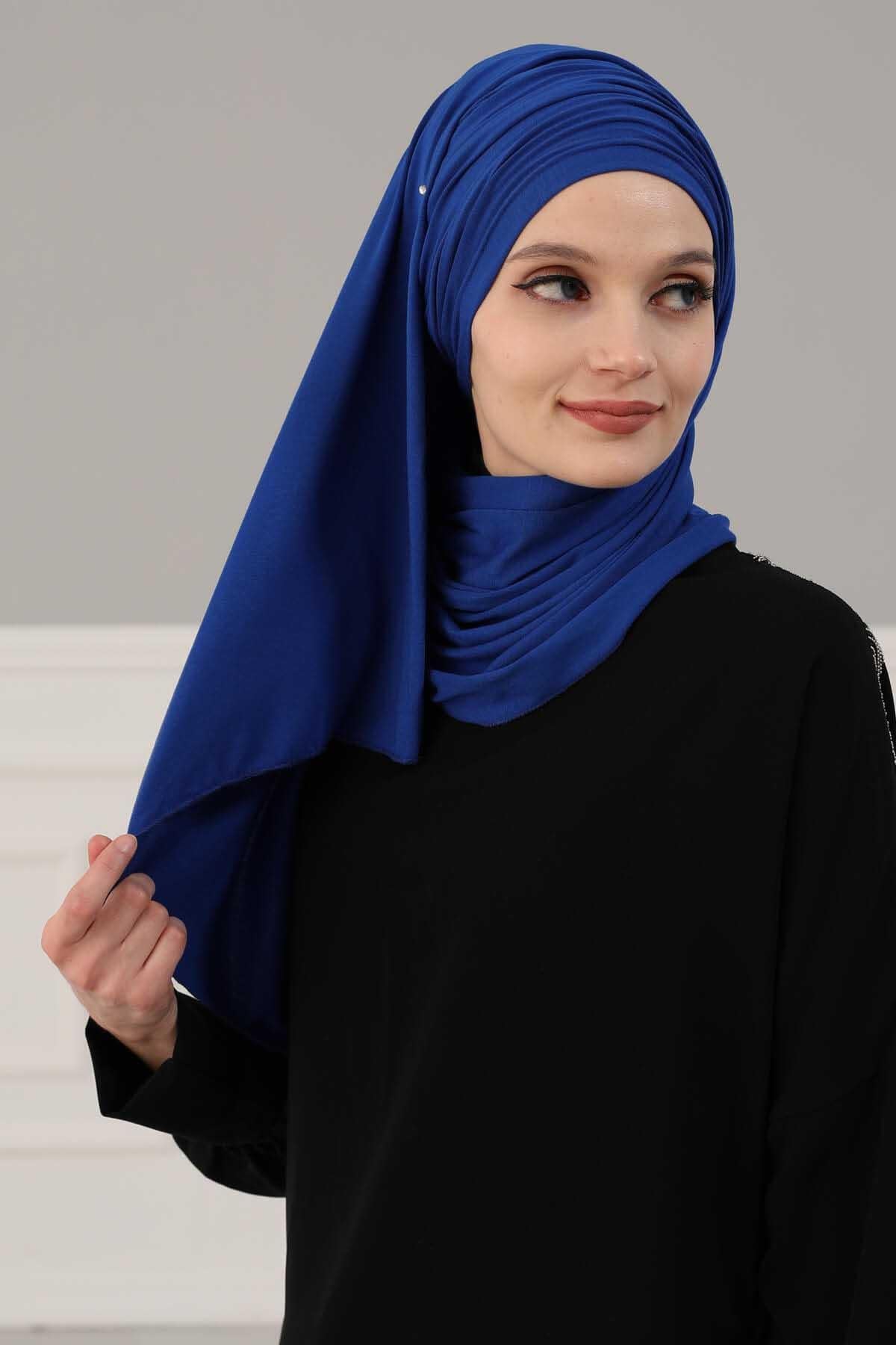 Premium Jersey Shawl Hijab for Women, Easy to Wear Cotton Headscarf, Lightweight and Breathable Instant Jersey Shawl, Mother's Day Gift,BT-1 Sax Blue