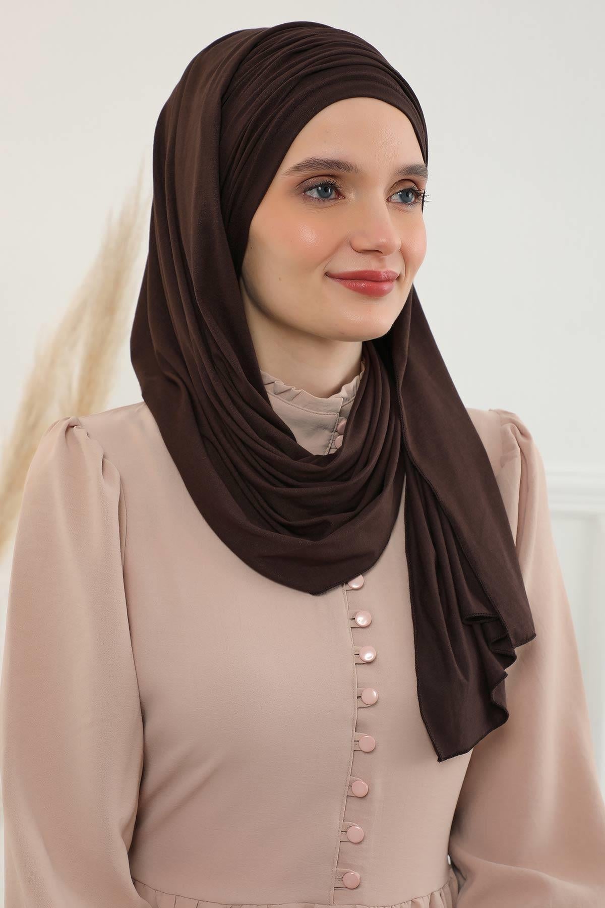 Premium Jersey Shawl Hijab for Women, Easy to Wear Cotton Headscarf, Lightweight and Breathable Instant Jersey Shawl, Mother's Day Gift,BT-1 Brown