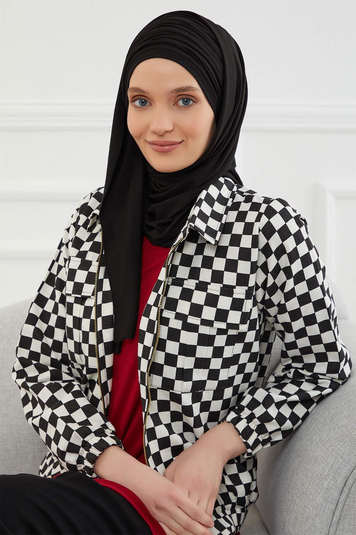 Premium Jersey Shawl Hijab for Women, Easy to Wear Cotton Headscarf, Lightweight and Breathable Instant Jersey Shawl, Mother's Day Gift,BT-1 Black