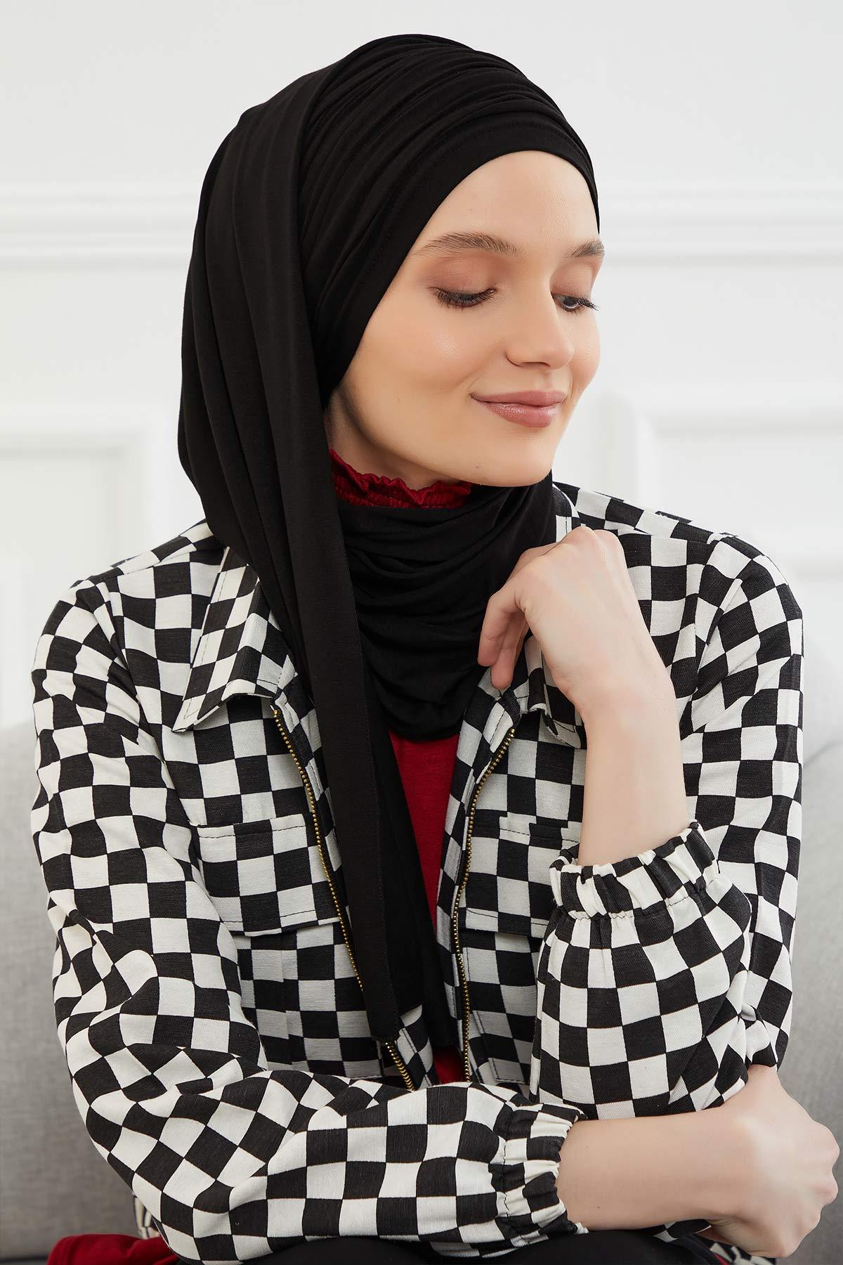 Premium Jersey Shawl Hijab for Women, Easy to Wear Cotton Headscarf, Lightweight and Breathable Instant Jersey Shawl, Mother's Day Gift,BT-1 Black