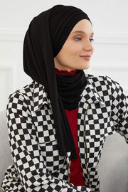 Jersey Shawl for Women 95% Cotton Bonnet Modesty Turban Cap Wrap Instant Scarf,BT-1 Black