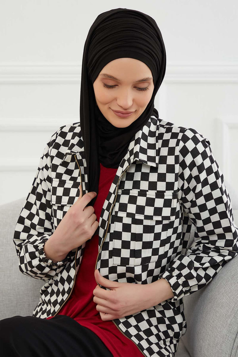 Jersey Shawl for Women 95% Cotton Bonnet Modesty Turban Cap Wrap Instant Scarf,BT-1 Black