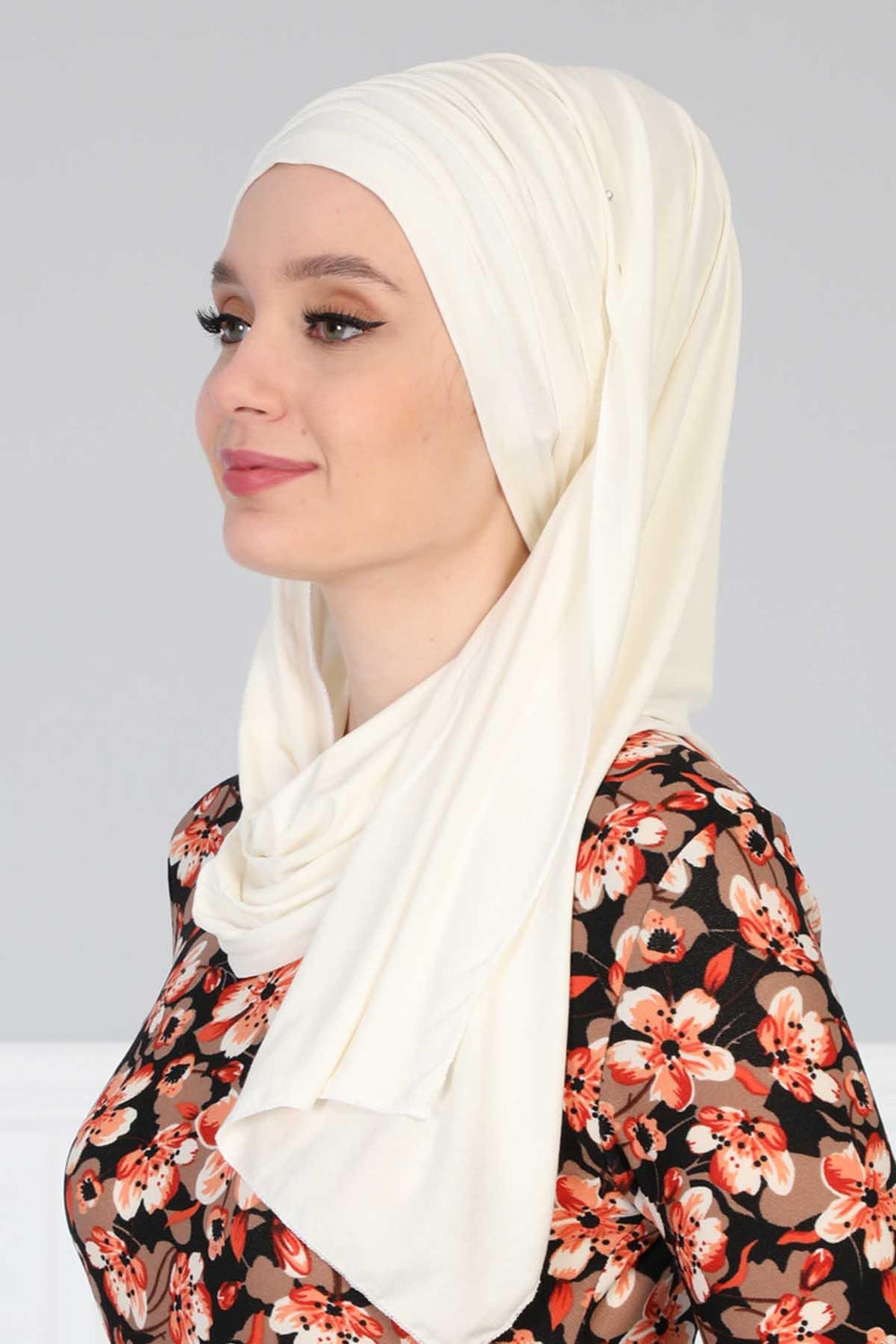 Premium Jersey Shawl Hijab for Women, Easy to Wear Cotton Headscarf, Lightweight and Breathable Instant Jersey Shawl, Mother's Day Gift,BT-1 Ivory