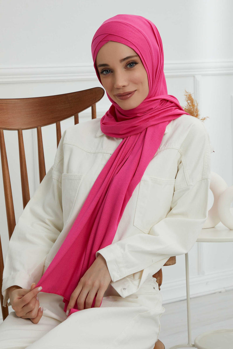 Jersey Shawl for Women 95% Cotton Head Wrap Instant Modesty Turban Cap Scarf Cross Stich Ready to Wear Hijab,PS-40 Fuchsia
