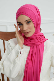 Jersey Shawl for Women 95% Cotton Head Wrap Instant Modesty Turban Cap Scarf Cross Stich Ready to Wear Hijab,PS-40 Fuchsia