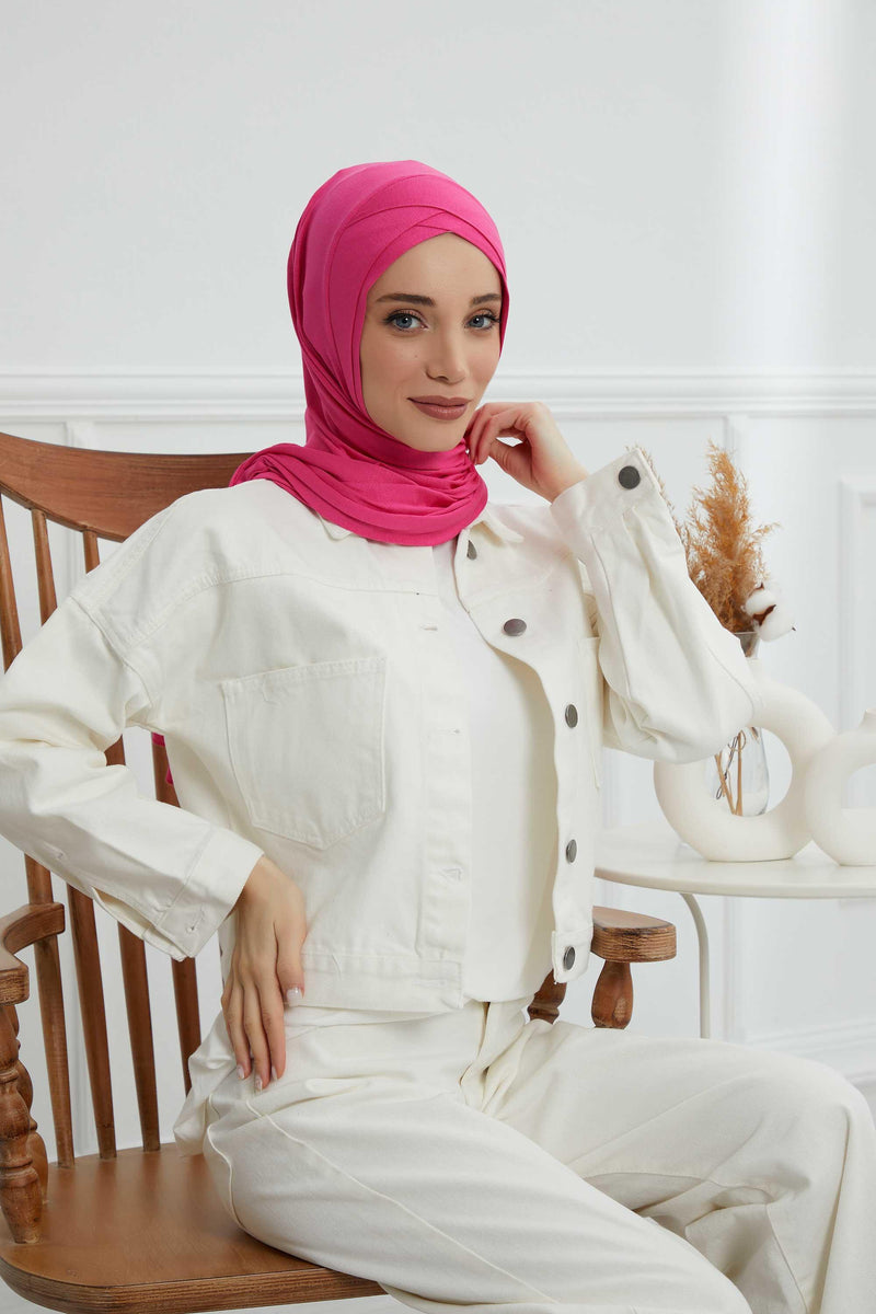 Jersey Shawl for Women 95% Cotton Head Wrap Instant Modesty Turban Cap Scarf Cross Stich Ready to Wear Hijab,PS-40 Fuchsia