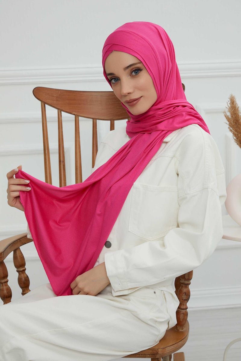Jersey Shawl for Women 95% Cotton Head Wrap Instant Modesty Turban Cap Scarf Cross Stich Ready to Wear Hijab,PS-40 Fuchsia