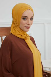 Jersey Shawl for Women 95% Cotton Head Wrap Instant Modesty Turban Cap Scarf Cross Stich Ready to Wear Hijab,PS-40 Mustard Yellow