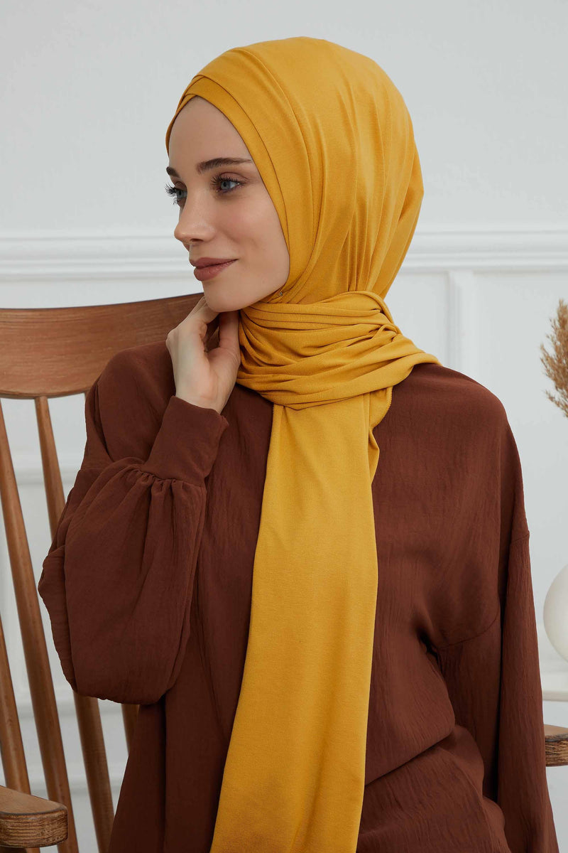 Jersey Shawl for Women 95% Cotton Head Wrap Instant Modesty Turban Cap Scarf Cross Stich Ready to Wear Hijab,PS-40 Mustard Yellow