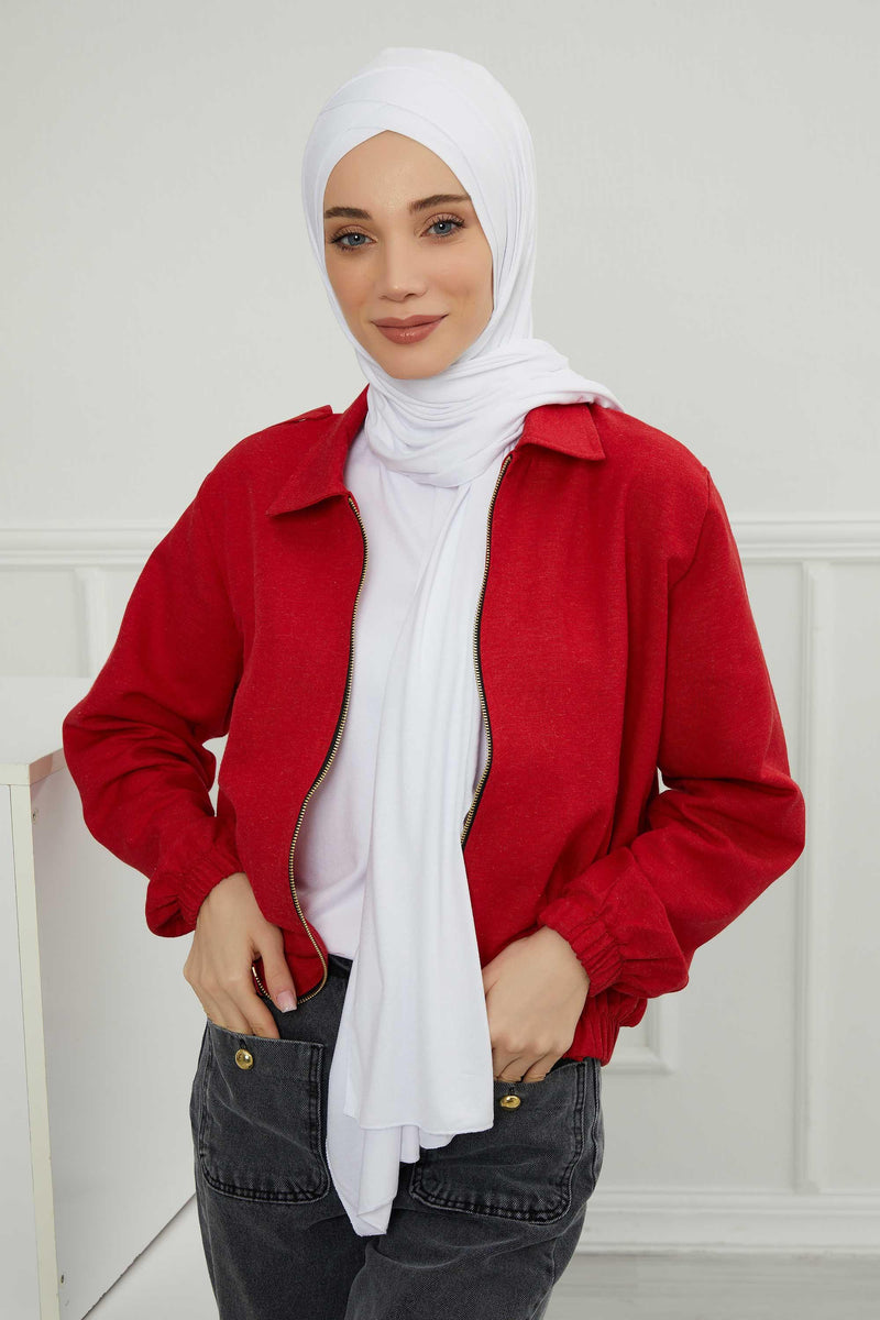 Jersey Shawl for Women 95% Cotton Head Wrap Instant Modesty Turban Cap Scarf Cross Stich Ready to Wear Hijab,PS-40 White