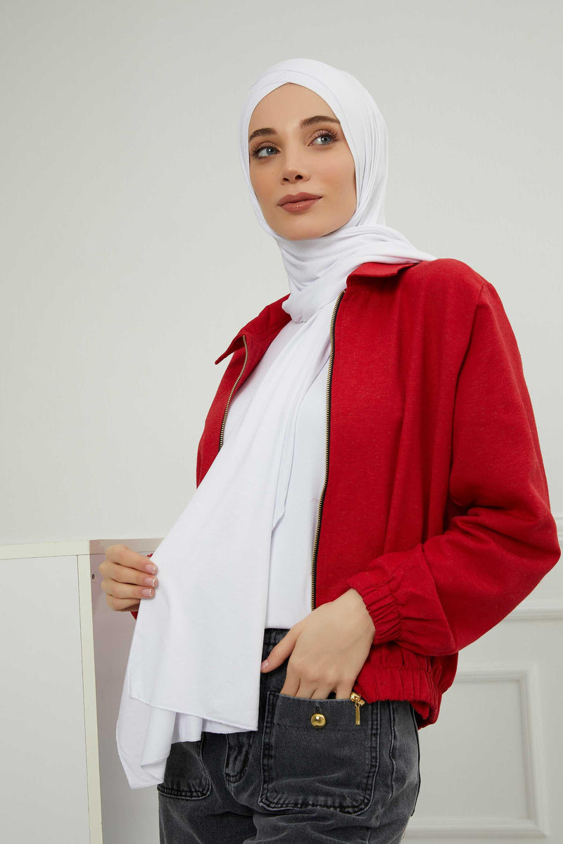 Jersey Shawl for Women 95% Cotton Head Wrap Instant Modesty Turban Cap Scarf Cross Stich Ready to Wear Hijab,PS-40 White