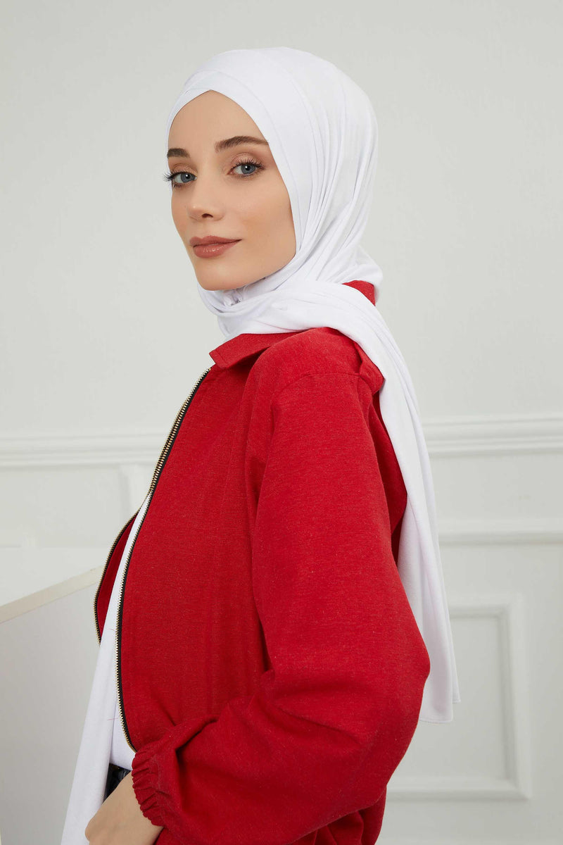 Jersey Shawl for Women 95% Cotton Head Wrap Instant Modesty Turban Cap Scarf Cross Stich Ready to Wear Hijab,PS-40 White