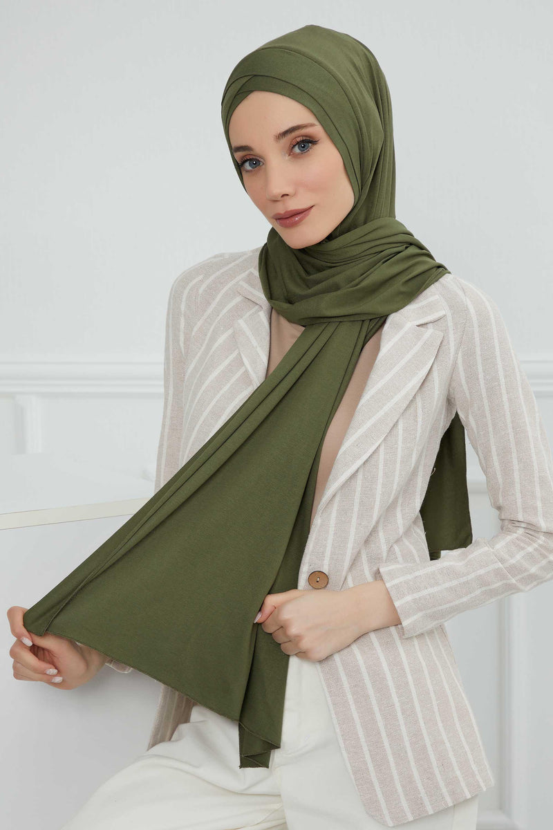 Jersey Shawl for Women 95% Cotton Head Wrap Instant Modesty Turban Cap Scarf Cross Stich Ready to Wear Hijab,PS-40 Army Green