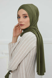 Jersey Shawl for Women 95% Cotton Head Wrap Instant Modesty Turban Cap Scarf Cross Stich Ready to Wear Hijab,PS-40 Army Green