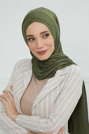 Jersey Shawl for Women 95% Cotton Head Wrap Instant Modesty Turban Cap Scarf Cross Stich Ready to Wear Hijab,PS-40 Army Green
