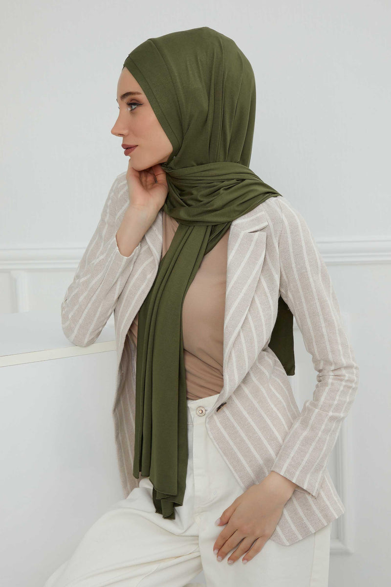 Jersey Shawl for Women 95% Cotton Head Wrap Instant Modesty Turban Cap Scarf Cross Stich Ready to Wear Hijab,PS-40 Army Green