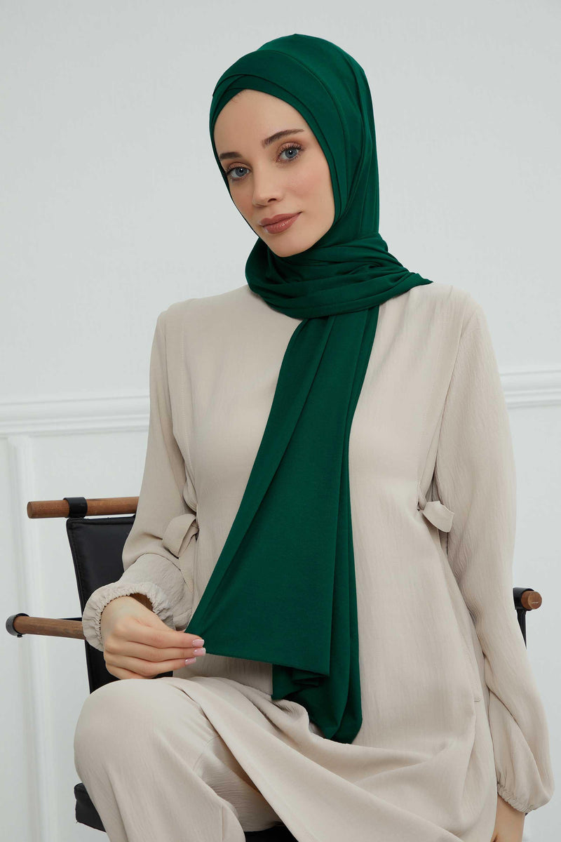 Jersey Shawl for Women 95% Cotton Head Wrap Instant Modesty Turban Cap Scarf Cross Stich Ready to Wear Hijab,PS-40 Green