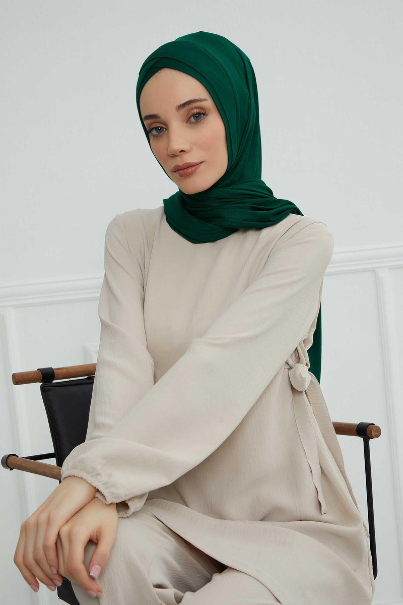 Jersey Shawl for Women 95% Cotton Head Wrap Instant Modesty Turban Cap Scarf Cross Stich Ready to Wear Hijab,PS-40 Green