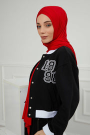 Jersey Shawl for Women 95% Cotton Head Wrap Instant Modesty Turban Cap Scarf Cross Stich Ready to Wear Hijab,PS-40 Red