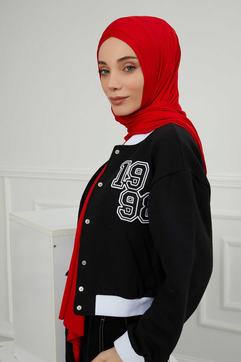 Jersey Shawl for Women 95% Cotton Head Wrap Instant Modesty Turban Cap Scarf Cross Stich Ready to Wear Hijab,PS-40 Red