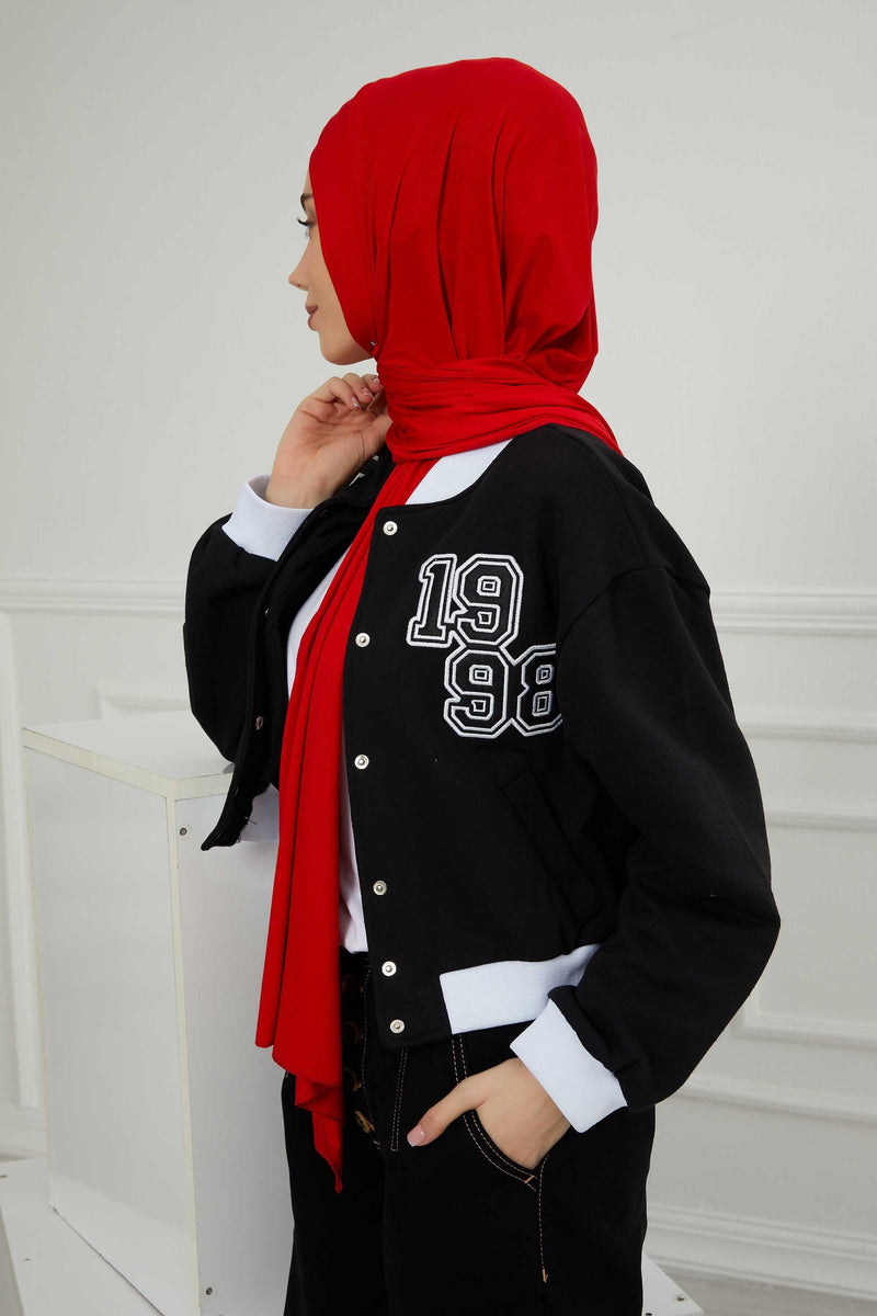 Jersey Shawl for Women 95% Cotton Head Wrap Instant Modesty Turban Cap Scarf Cross Stich Ready to Wear Hijab,PS-40 Red