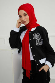 Jersey Shawl for Women 95% Cotton Head Wrap Instant Modesty Turban Cap Scarf Cross Stich Ready to Wear Hijab,PS-40 Red