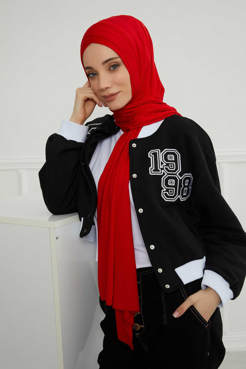 Jersey Shawl for Women 95% Cotton Head Wrap Instant Modesty Turban Cap Scarf Cross Stich Ready to Wear Hijab,PS-40 Red