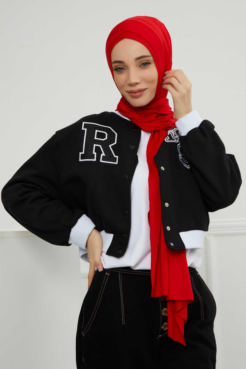 Jersey Shawl for Women 95% Cotton Head Wrap Instant Modesty Turban Cap Scarf Cross Stich Ready to Wear Hijab,PS-40 Red