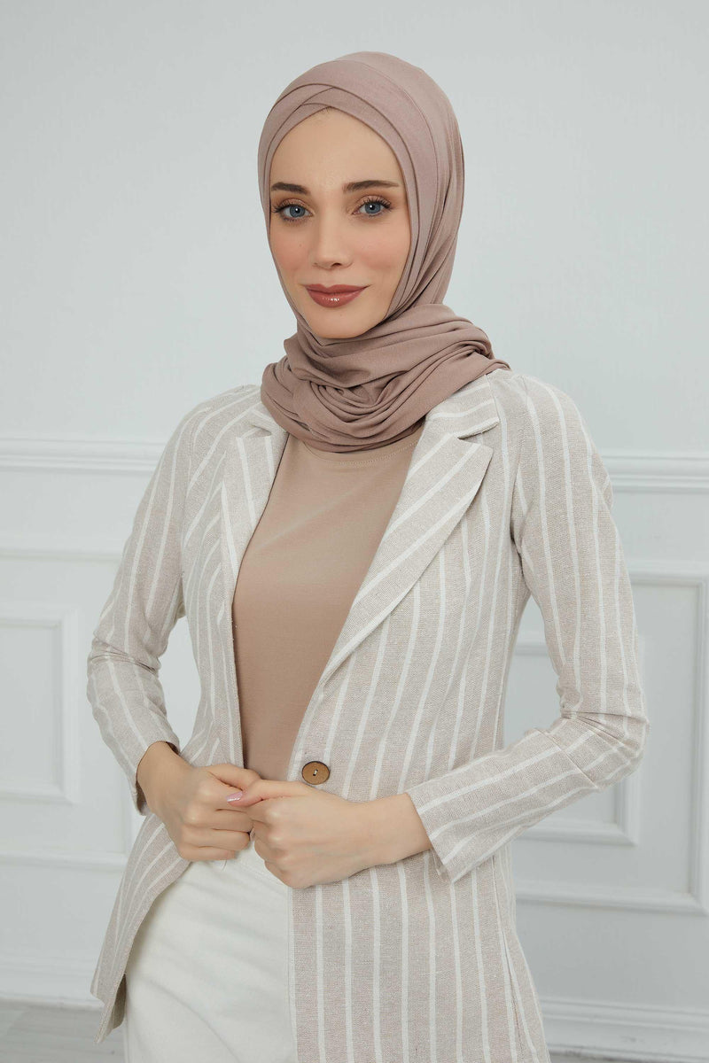 Jersey Shawl for Women 95% Cotton Head Wrap Instant Modesty Turban Cap Scarf Cross Stich Ready to Wear Hijab,PS-40 Mink