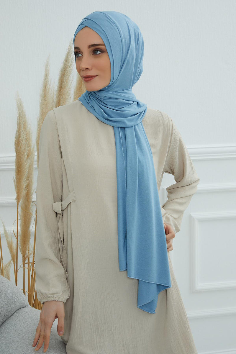 Jersey Shawl for Women 95% Cotton Head Wrap Instant Modesty Turban Cap Scarf Cross Stich Ready to Wear Hijab,PS-40 Blue
