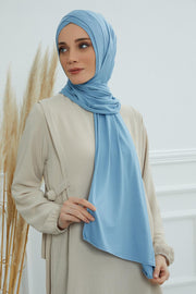 Jersey Shawl for Women 95% Cotton Head Wrap Instant Modesty Turban Cap Scarf Cross Stich Ready to Wear Hijab,PS-40 Blue