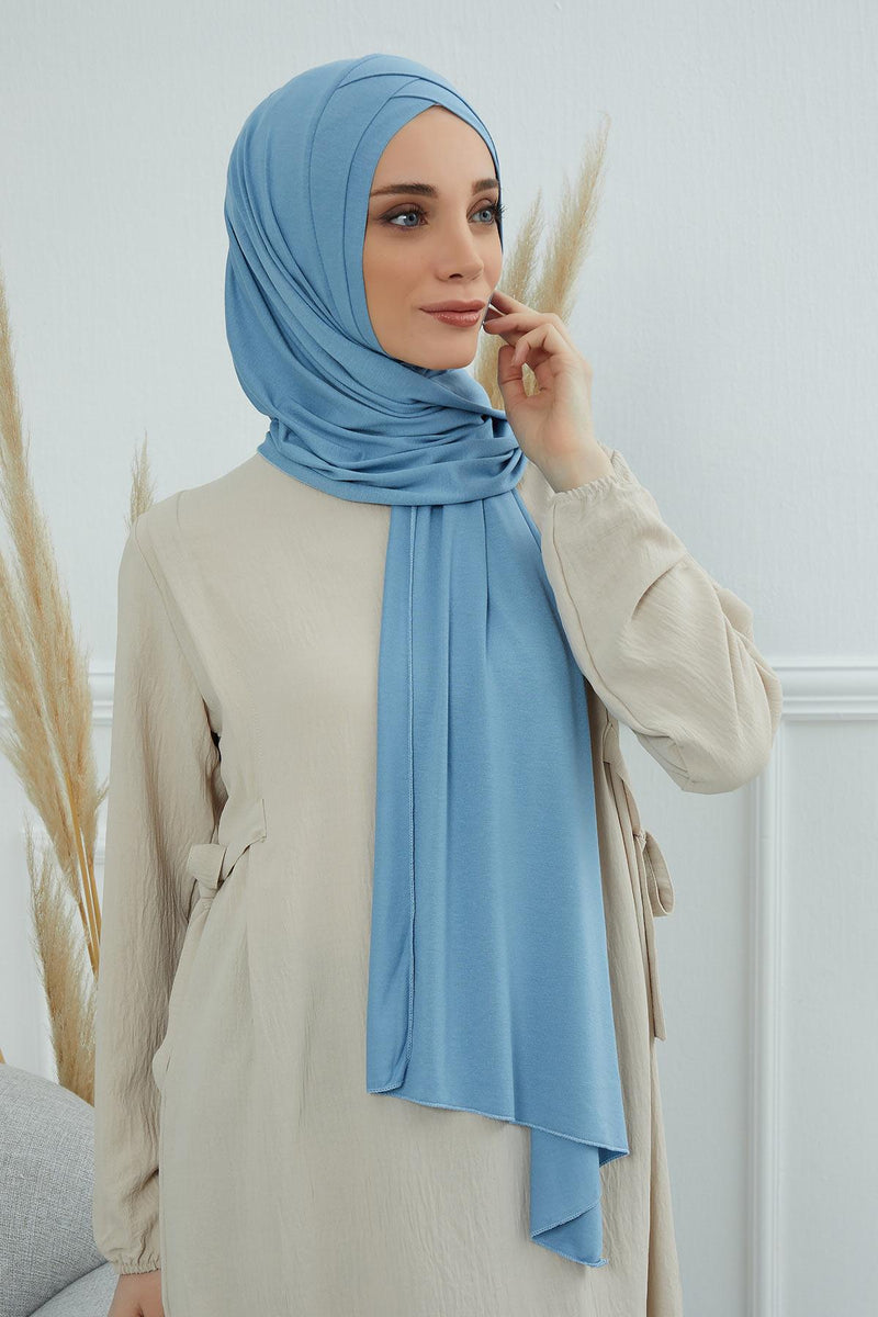 Jersey Shawl for Women 95% Cotton Head Wrap Instant Modesty Turban Cap Scarf Cross Stich Ready to Wear Hijab,PS-40 Blue