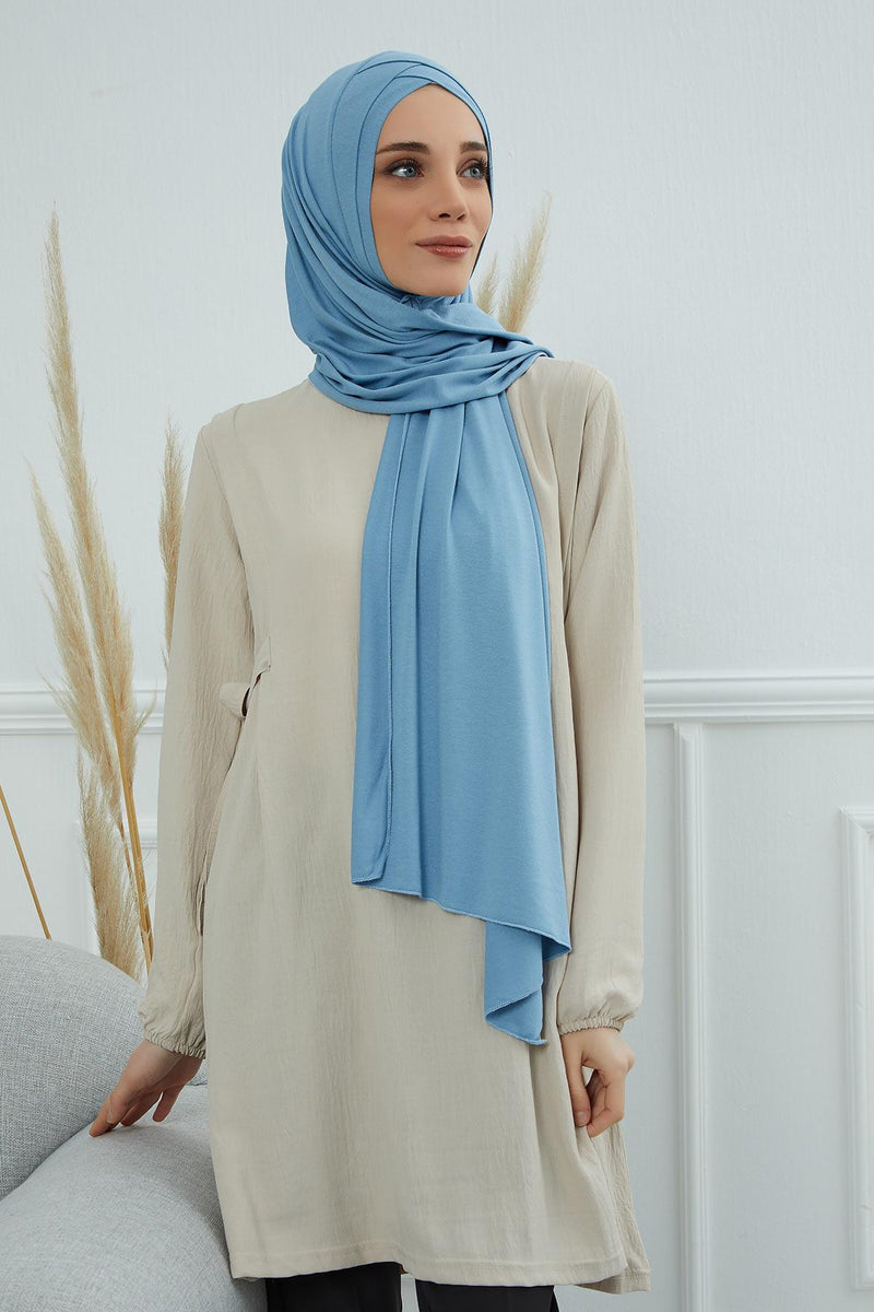 Jersey Shawl for Women 95% Cotton Head Wrap Instant Modesty Turban Cap Scarf Cross Stich Ready to Wear Hijab,PS-40 Blue