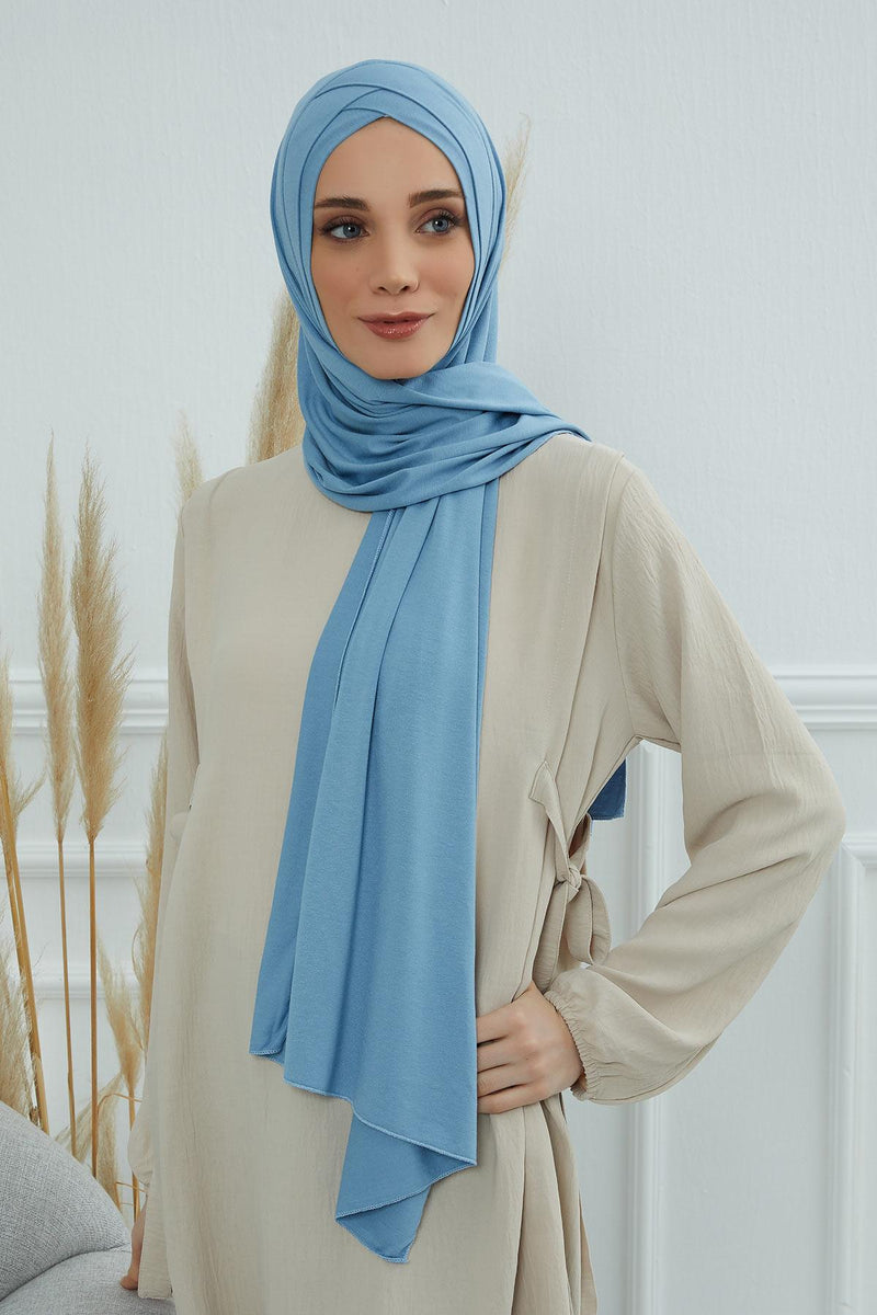 Jersey Shawl for Women 95% Cotton Head Wrap Instant Modesty Turban Cap Scarf Cross Stich Ready to Wear Hijab,PS-40 Blue