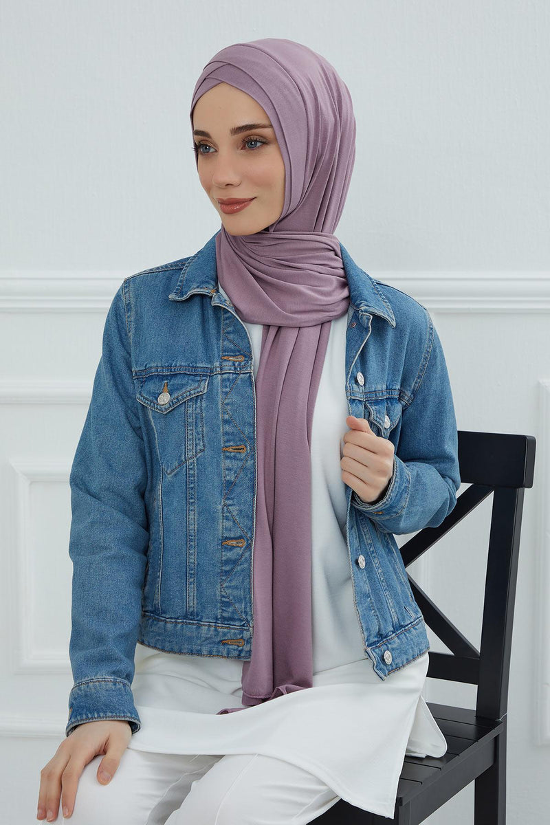 Jersey Shawl for Women 95% Cotton Head Wrap Instant Modesty Turban Cap Scarf Cross Stich Ready to Wear Hijab,PS-40 Lilac