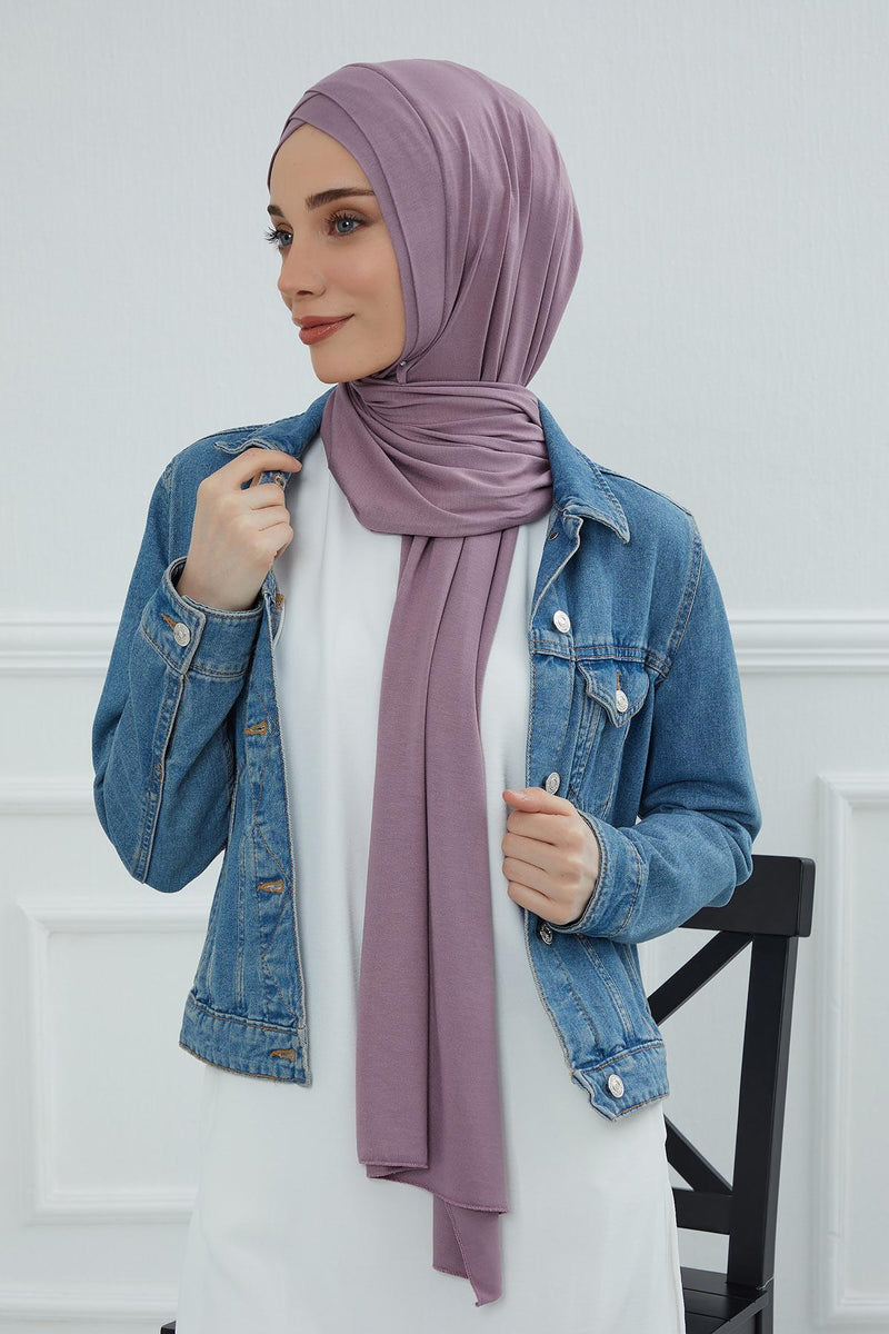 Jersey Shawl for Women 95% Cotton Head Wrap Instant Modesty Turban Cap Scarf Cross Stich Ready to Wear Hijab,PS-40 Lilac