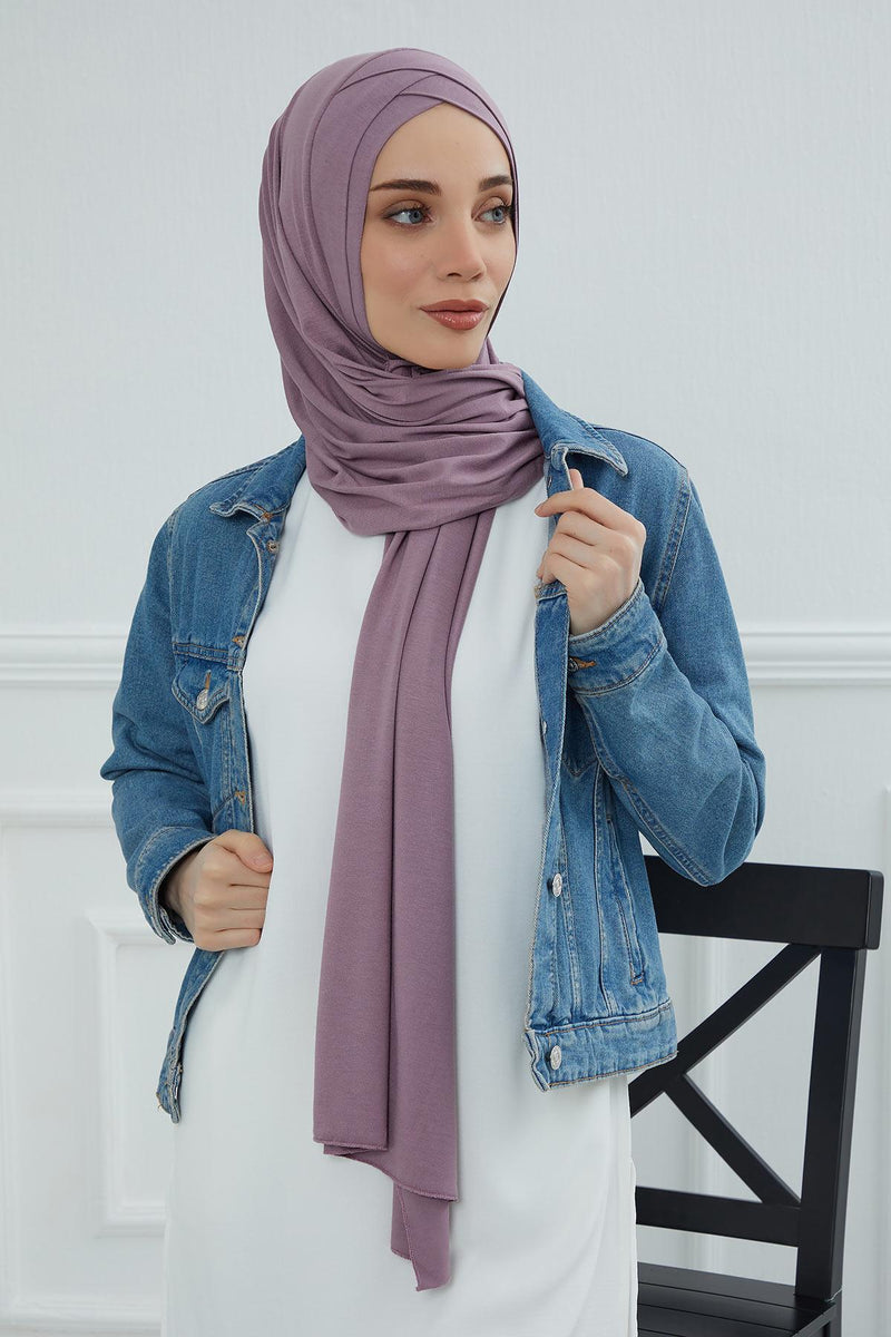 Jersey Shawl for Women 95% Cotton Head Wrap Instant Modesty Turban Cap Scarf Cross Stich Ready to Wear Hijab,PS-40 Lilac