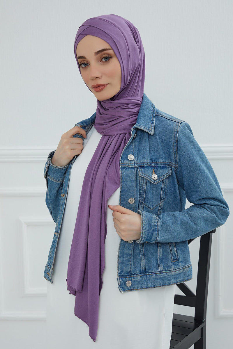 Jersey Shawl for Women 95% Cotton Head Wrap Instant Modesty Turban Cap Scarf Cross Stich Ready to Wear Hijab,PS-40 Purple 2