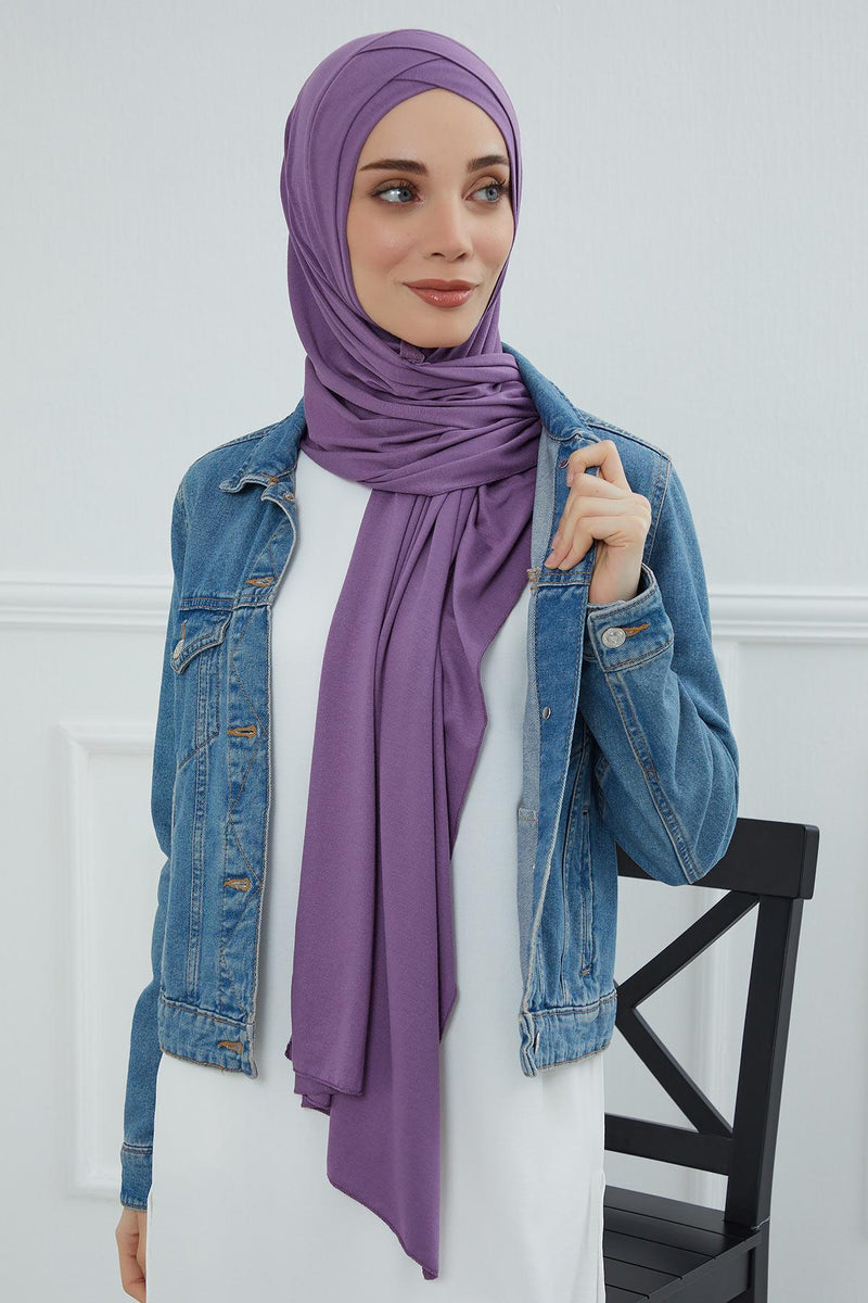 Jersey Shawl for Women 95% Cotton Head Wrap Instant Modesty Turban Cap Scarf Cross Stich Ready to Wear Hijab,PS-40 Purple 2