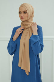 Jersey Shawl for Women 95% Cotton Head Wrap Instant Modesty Turban Cap Scarf Cross Stich Ready to Wear Hijab,PS-40 Sand Brown