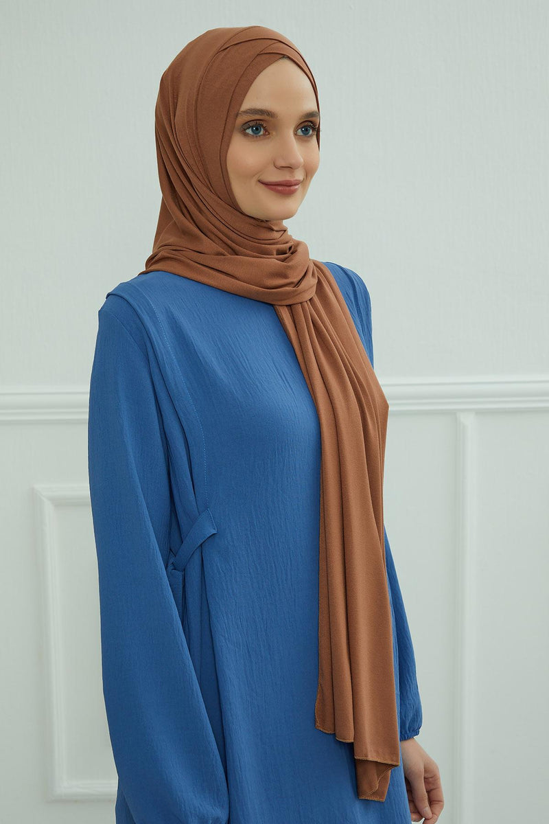 Jersey Shawl for Women 95% Cotton Head Wrap Instant Modesty Turban Cap Scarf Cross Stich Ready to Wear Hijab,PS-40 Caramel Brown
