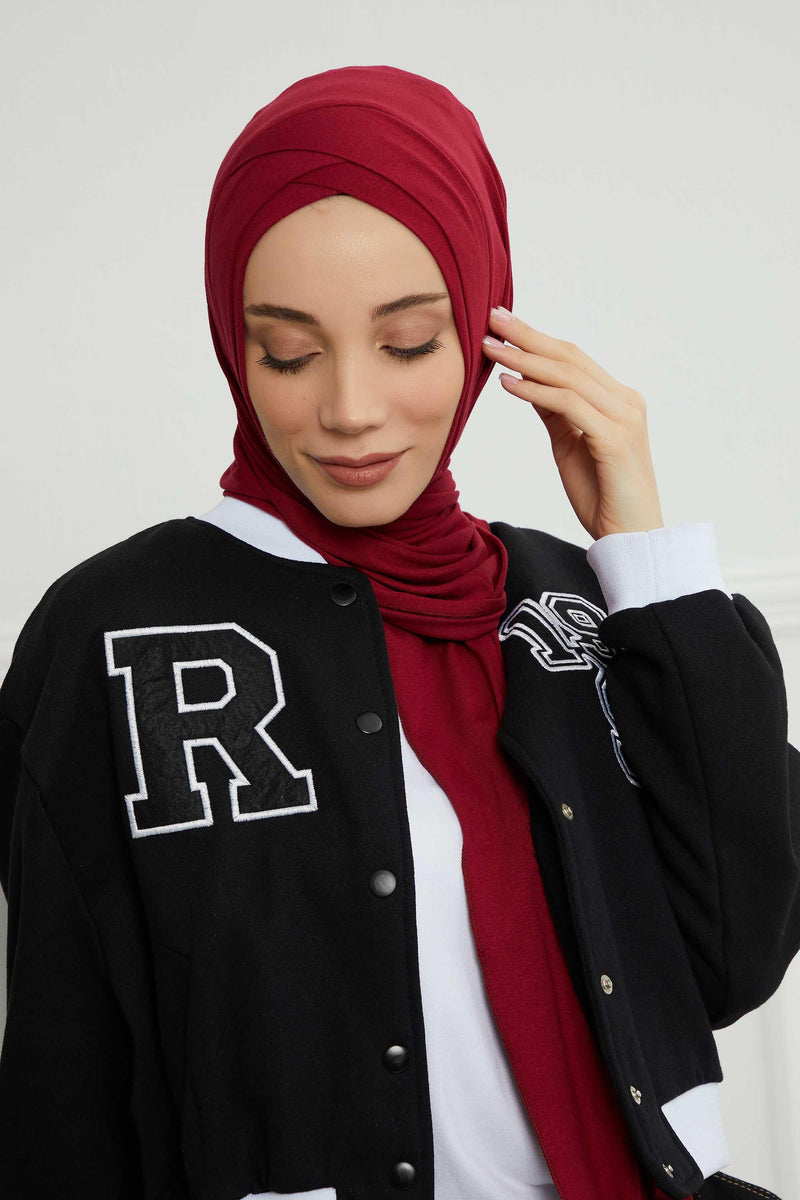 Jersey Shawl for Women 95% Cotton Head Wrap Instant Modesty Turban Cap Scarf Cross Stich Ready to Wear Hijab,PS-40 Maroon