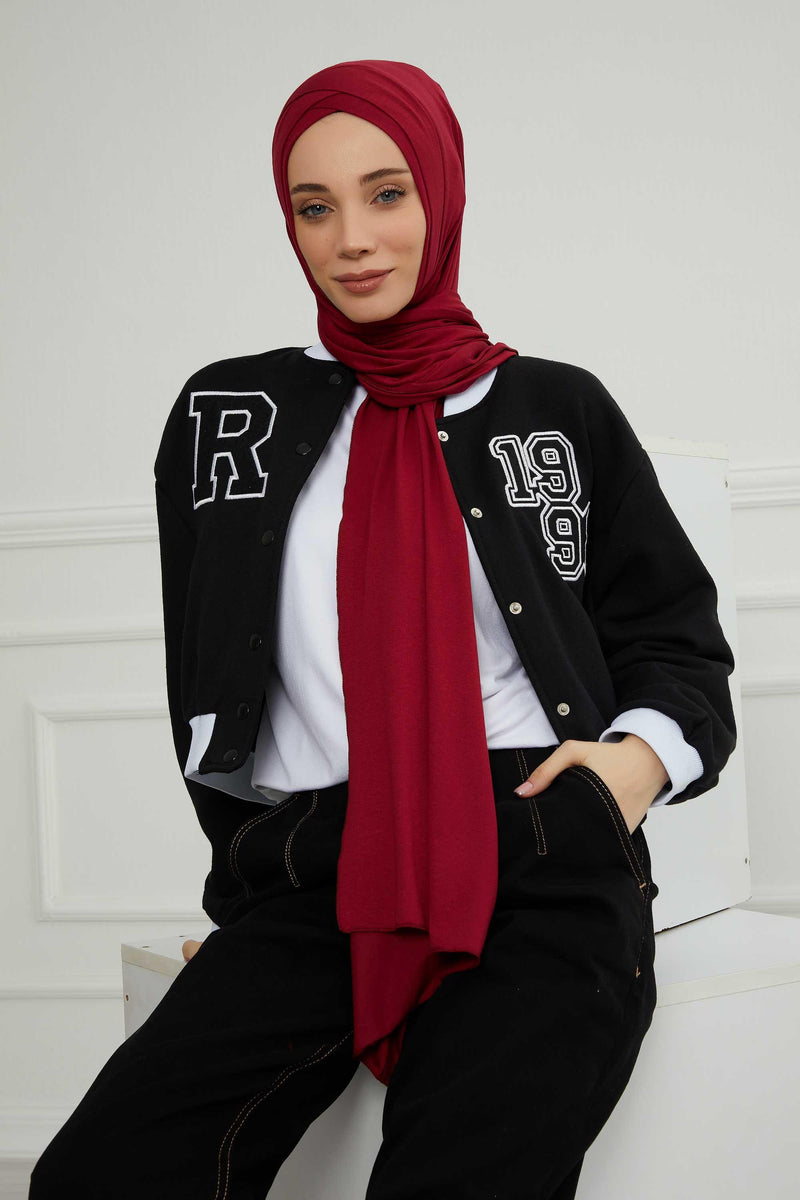 Jersey Shawl for Women 95% Cotton Head Wrap Instant Modesty Turban Cap Scarf Cross Stich Ready to Wear Hijab,PS-40 Maroon