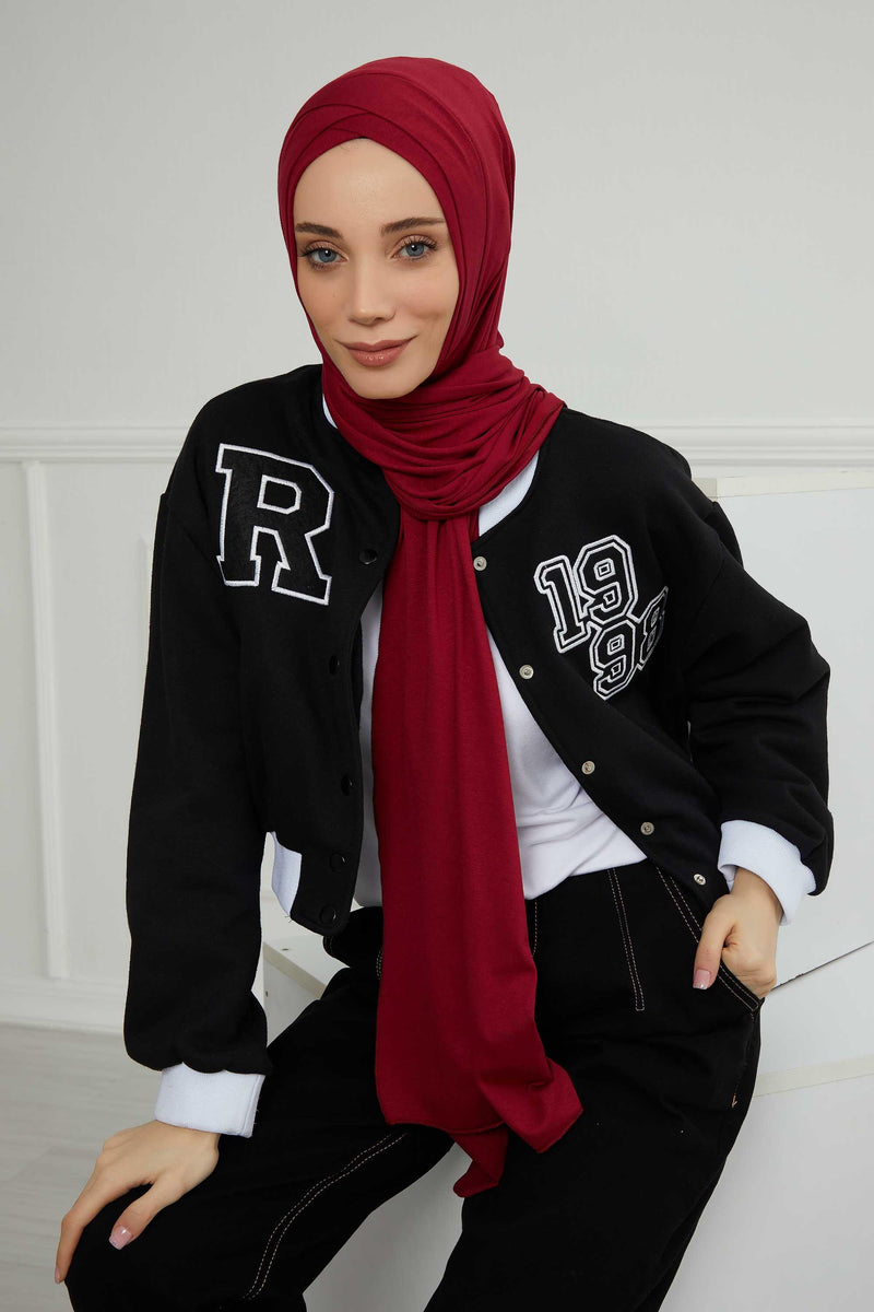 Jersey Shawl for Women 95% Cotton Head Wrap Instant Modesty Turban Cap Scarf Cross Stich Ready to Wear Hijab,PS-40 Maroon