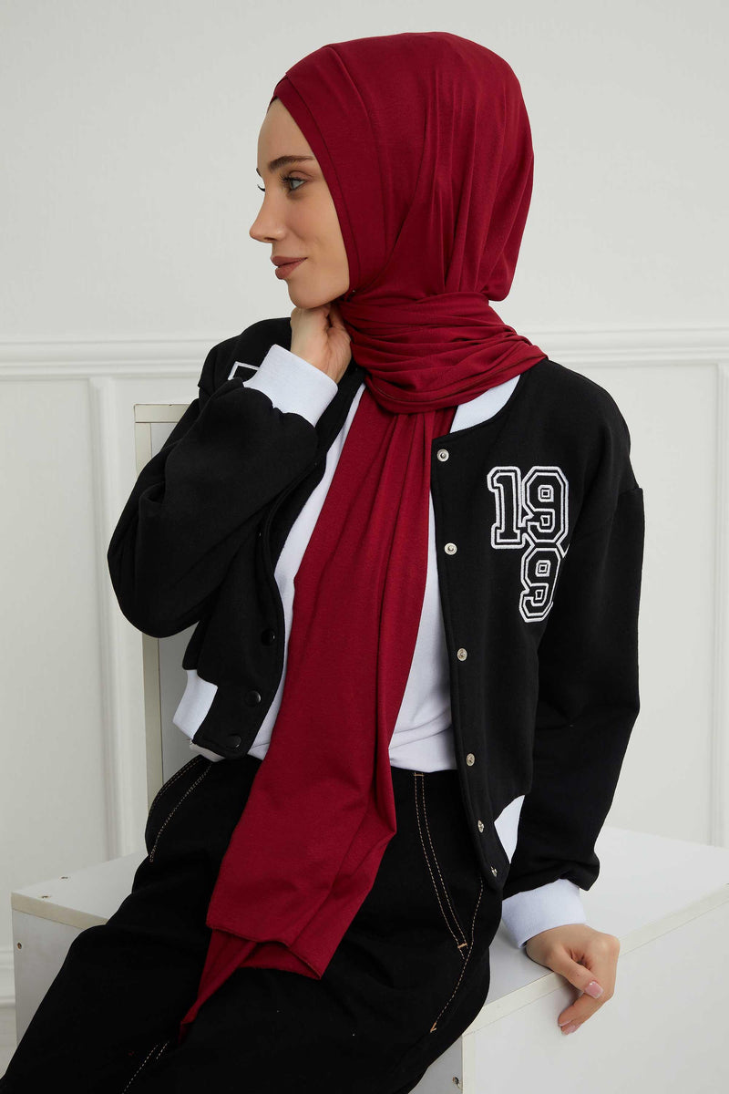 Jersey Shawl for Women 95% Cotton Head Wrap Instant Modesty Turban Cap Scarf Cross Stich Ready to Wear Hijab,PS-40 Maroon