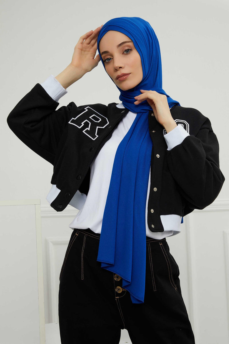 Jersey Shawl for Women 95% Cotton Head Wrap Instant Modesty Turban Cap Scarf Cross Stich Ready to Wear Hijab,PS-40 Sax Blue